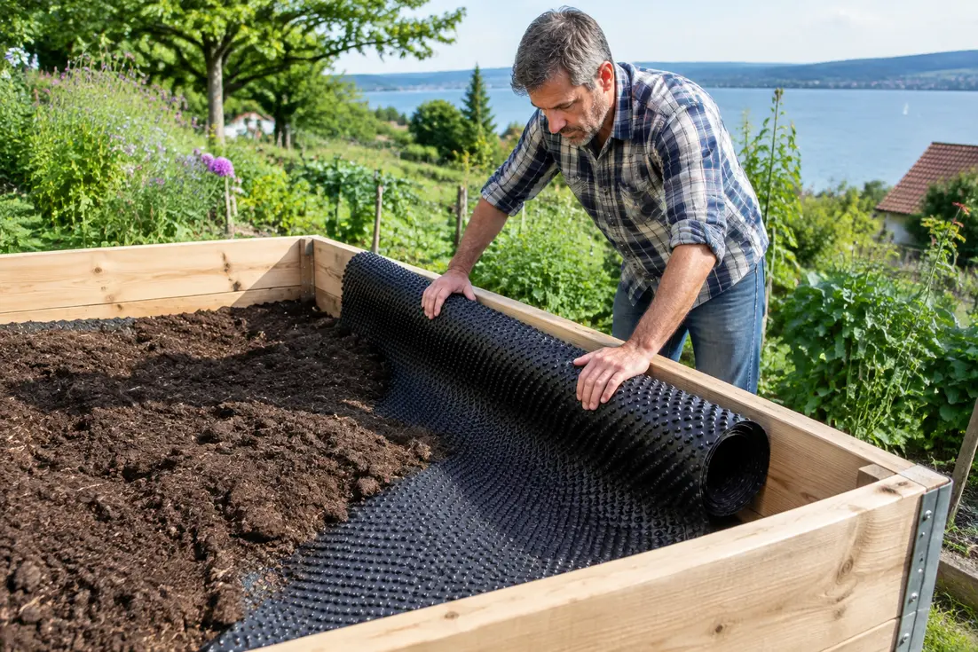 Gärtner bringt noppenfolie hochbeet im Garten am Bodensee an
