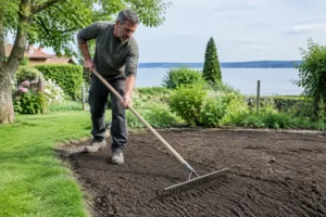 Praxisnaher Einblick beim Rasen anlegen im heimischen Garten mit feiner Rechenarbeit am Boden