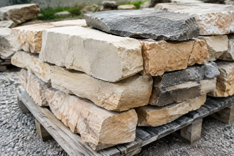 Verschiedene Natursteine und Bruchsteine für den Bau einer stabilen Trockenmauer im Garten