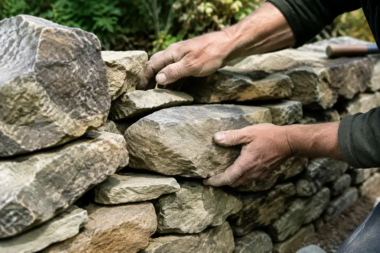 Handwerker setzt einen Naturstein passgenau in eine trockenmauer steine Schichtung ein
