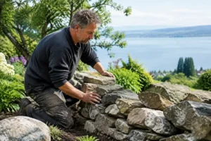 Einheimischer Gärtner platziert sorgfältig trockenmauer steine beim Bau einer Hangbefestigung im Garten