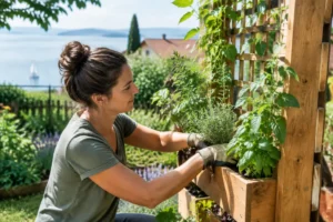 Ein Gärtner pflanzt Kräuter in ein vertikales Hochbeet mit Rankhilfe im sonnigen Garten.