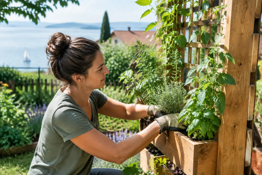 Ein Gärtner pflanzt Kräuter in ein vertikales Hochbeet mit Rankhilfe im sonnigen Garten.