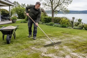 Ein Gärtner verteilt Quarzsand auf dem Rasen, um zu sehen, was hilft gegen moos im rasen.