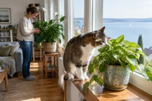 Eine Katze beschnuppert eine grüne Zimmerpflanze auf einer Fensterbank am Bodensee, um herauszufinden, welche pflanzen sind nicht giftig für katzen
